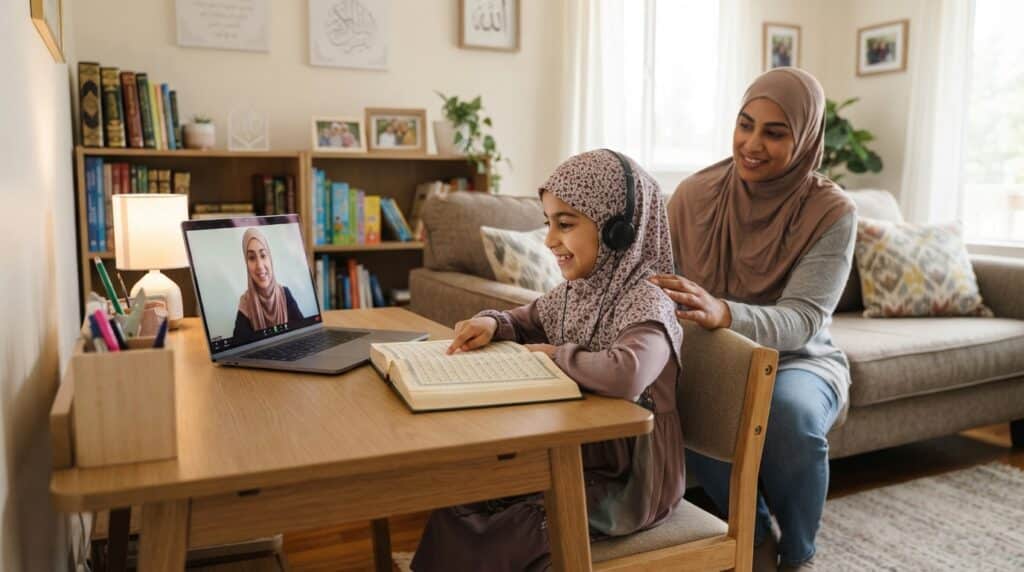 Online Quran teacher for children guiding a young student in a one-on-one class