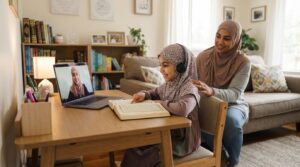 Online Quran teacher for children guiding a young student in a one-on-one class